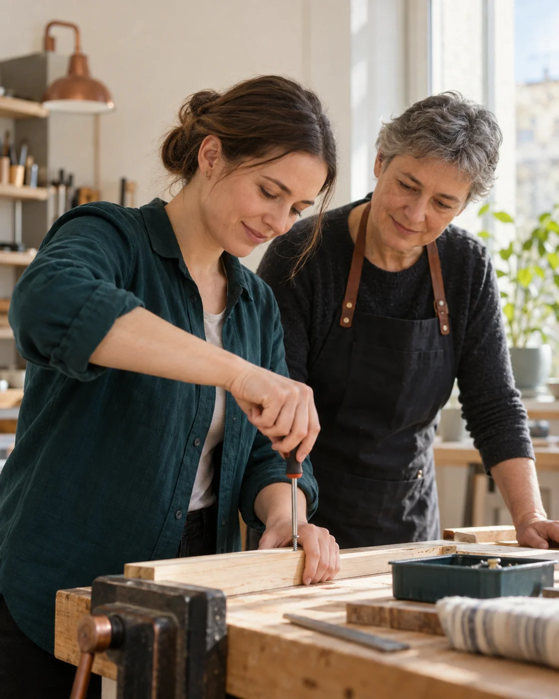 Eine Frau arbeitet mit einem Schraubendreher an Holz, eine zweite Frau begleitet sie.